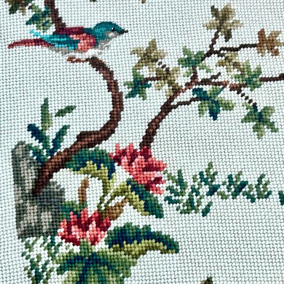Vintage Needlepoint Peacock Wall Art with Birds, Butterflies & Botanicals - Picture 3 of 11